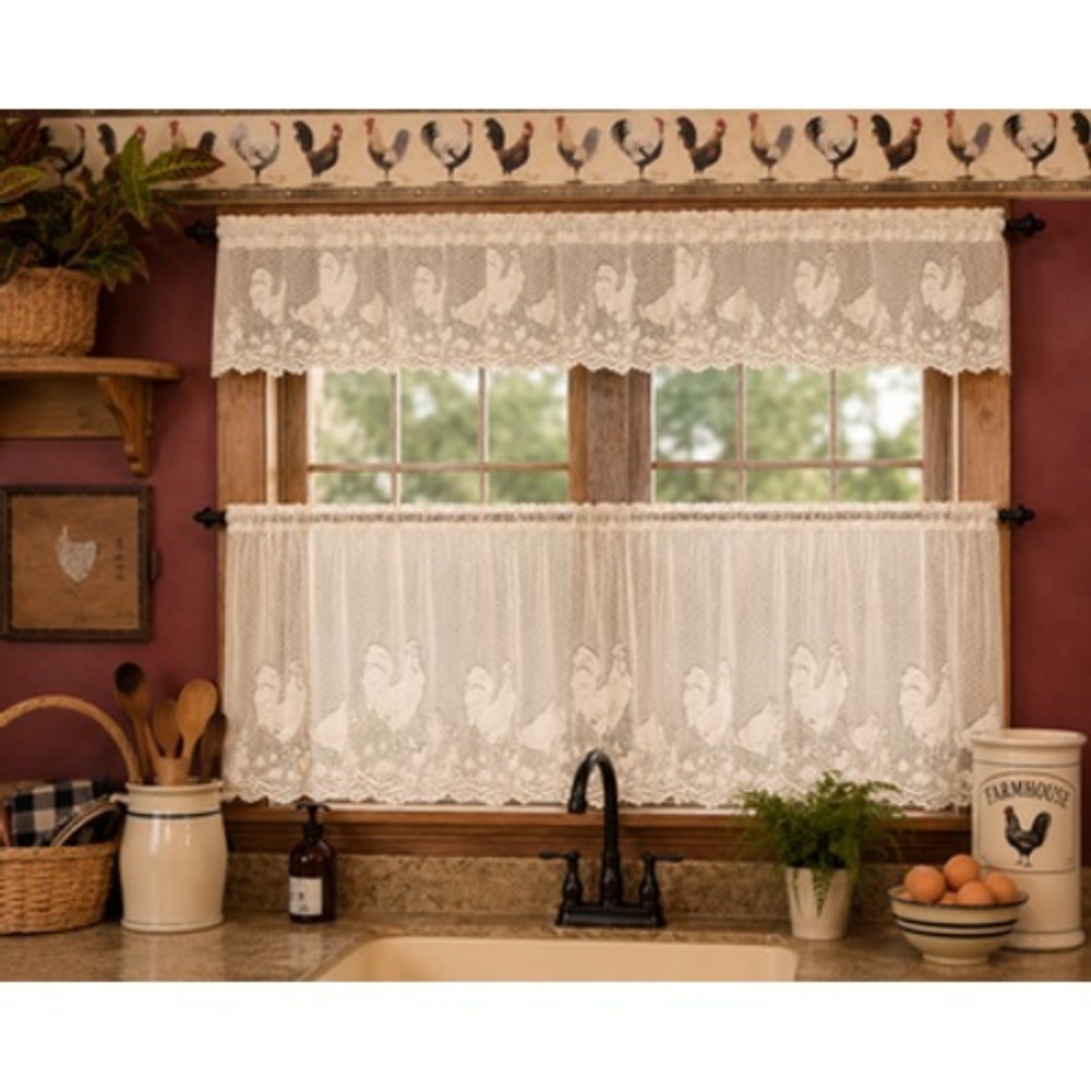 Vintage NOS Heritage Lace Rooster Kitchen Curtain Set Valance Tier Ecru Beige